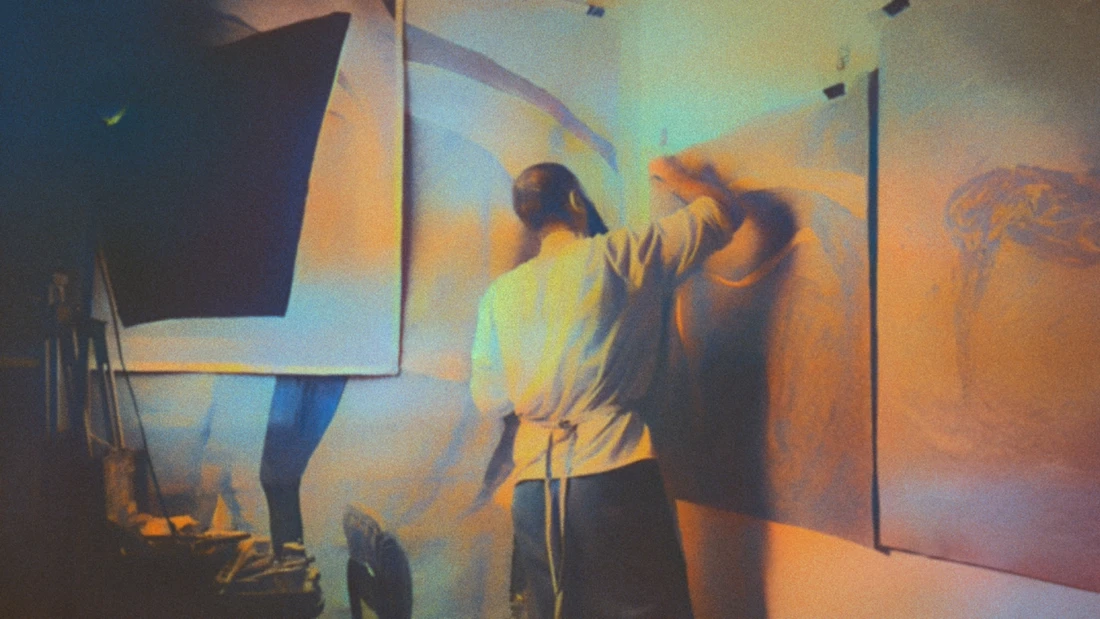 Mark Jerar painting on a large canvas in his studio